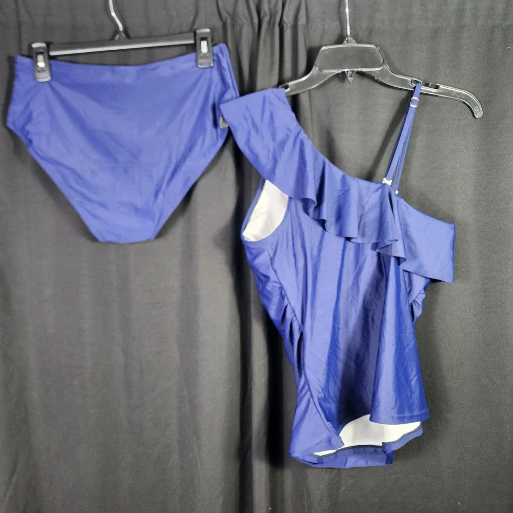 Yonique Womens Royal Blue One Shoulder Ruffle Tankini Set High Waist Size L SWIM